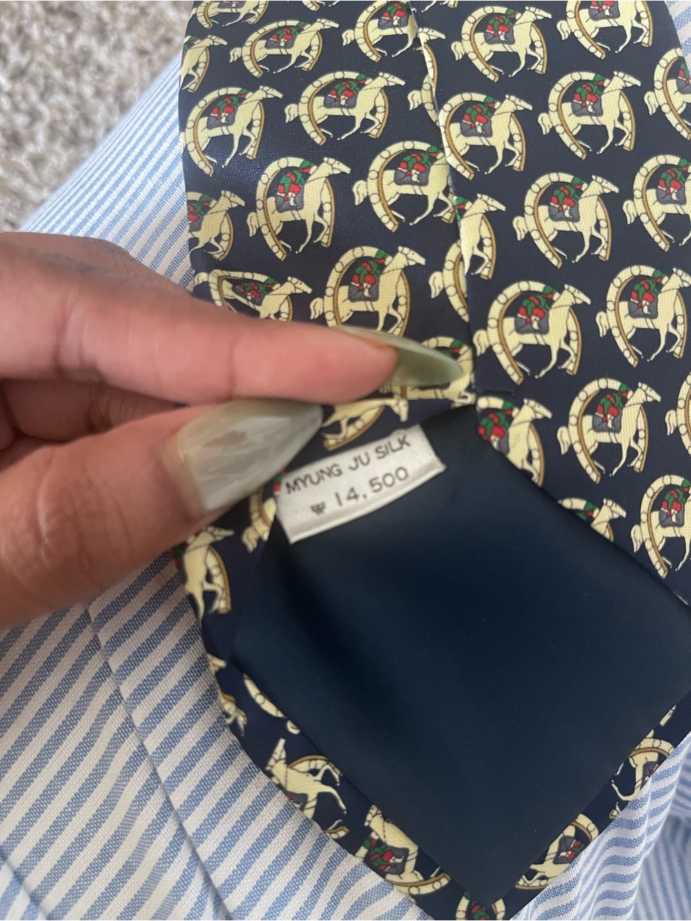 Rene Chagal Navy Horse & Horseshoe Hand Made Silk Men’s Tie - Picture 5 of 6